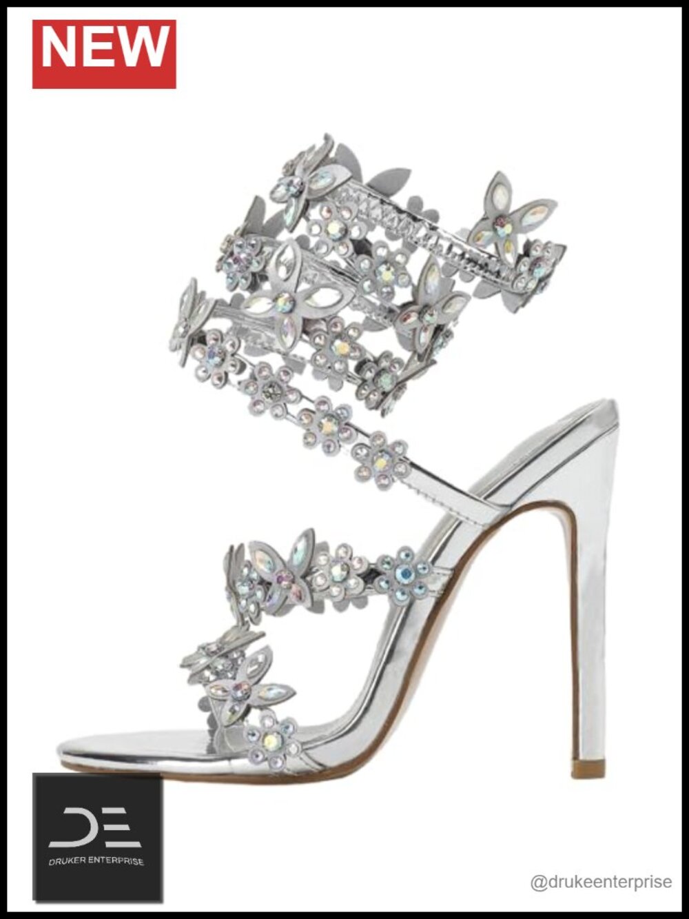 Rhineshell Women's Sparkly Spiral Strap Heeled Sandals, Faux Patent Leather,